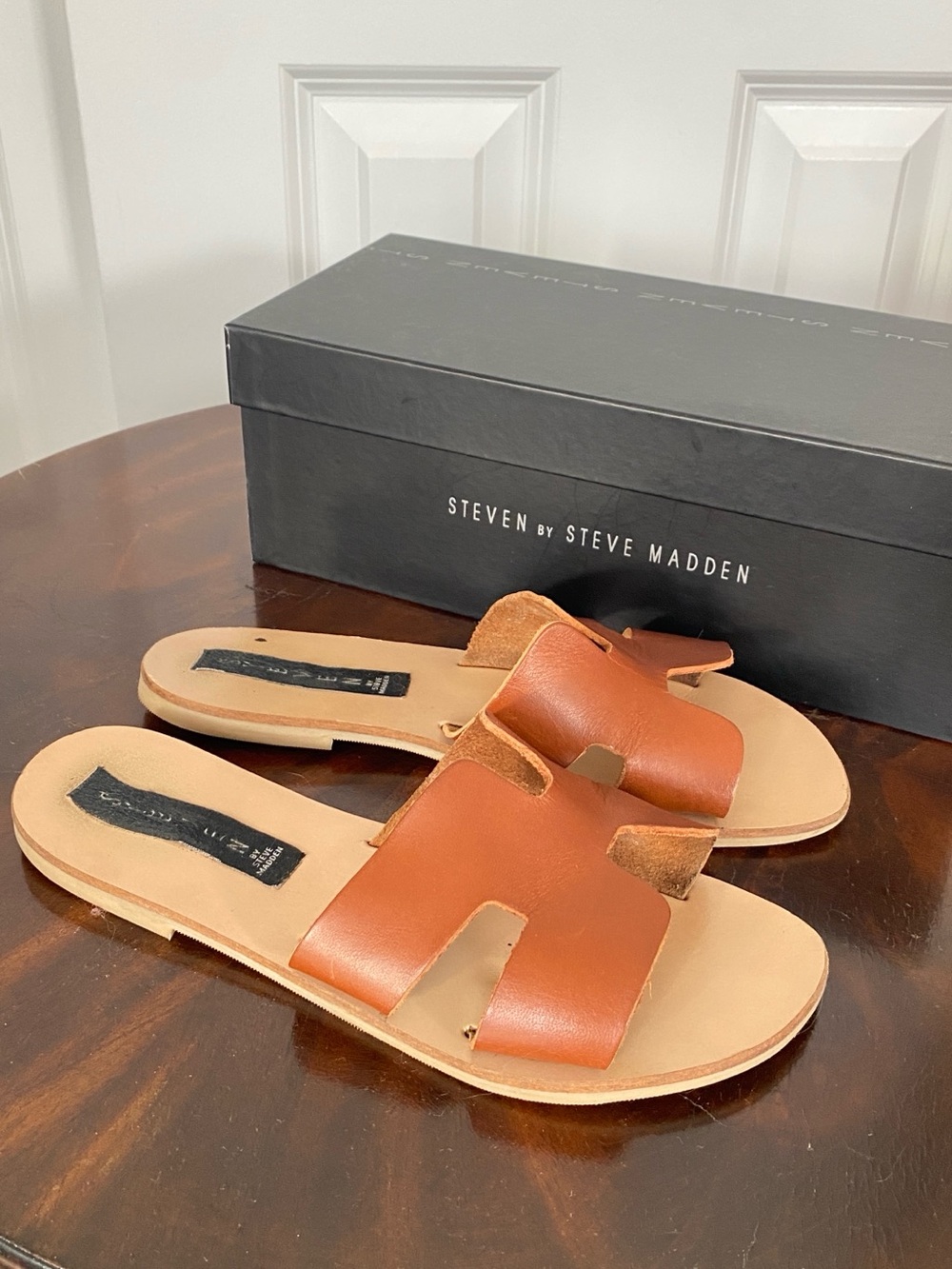 Steven by Steve Madden Dark Cognac Leather Slide Sandals 6.5 - Picture 6 of 7